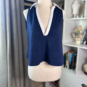 Maeve by Anthropologie Deep Blue V-Neck Blouse with Crisp White Trim